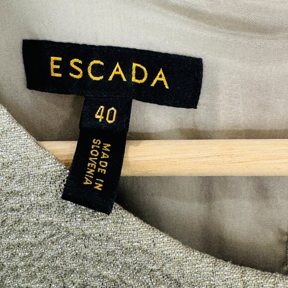 ESCADA Jacquard Metallic Sheath Dress Light Sand Shoulder Details SZ 40 /US 10 - Picture 4 of 14
